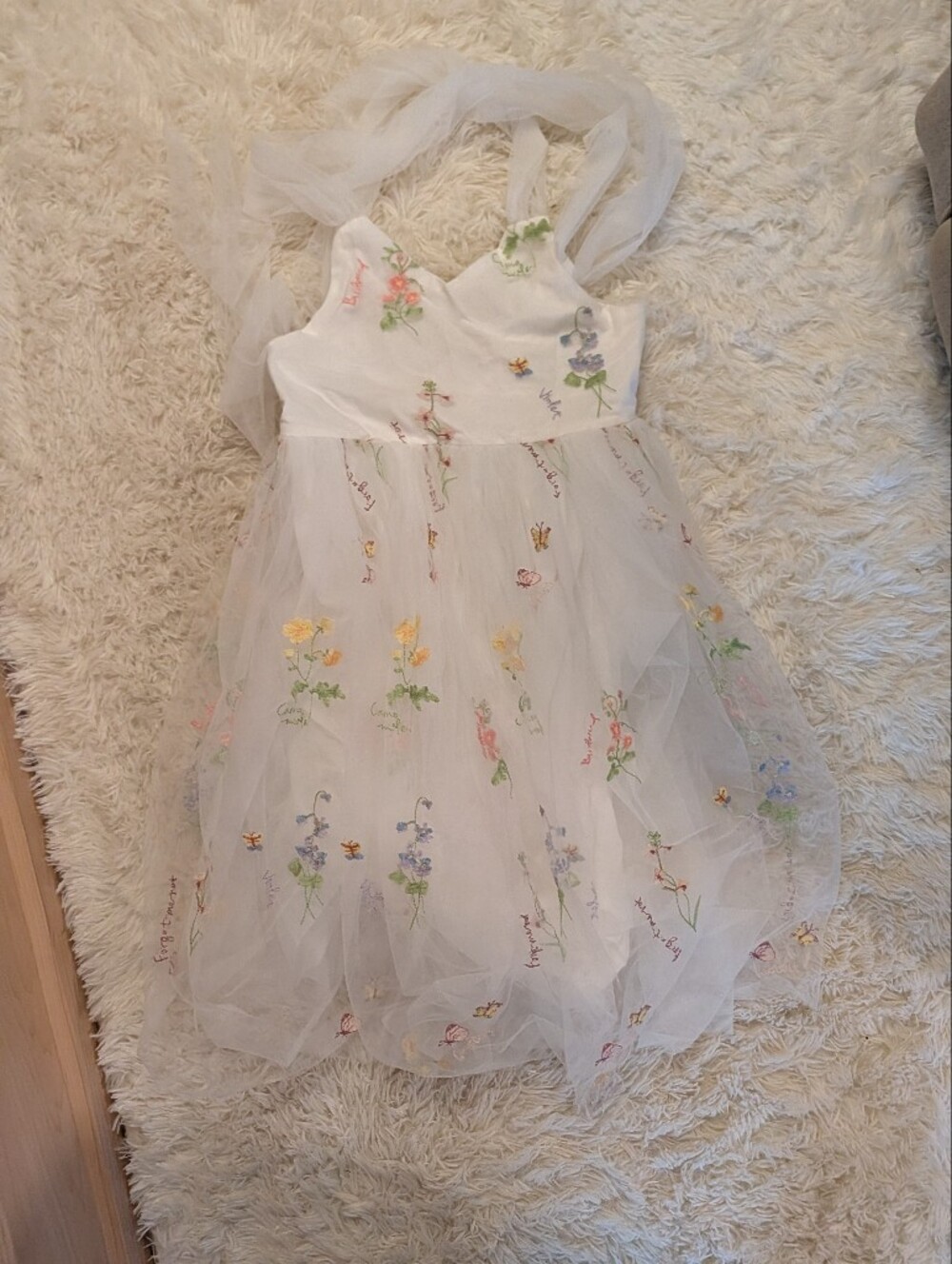 White Floral Embroidered Tulle Kids Dress